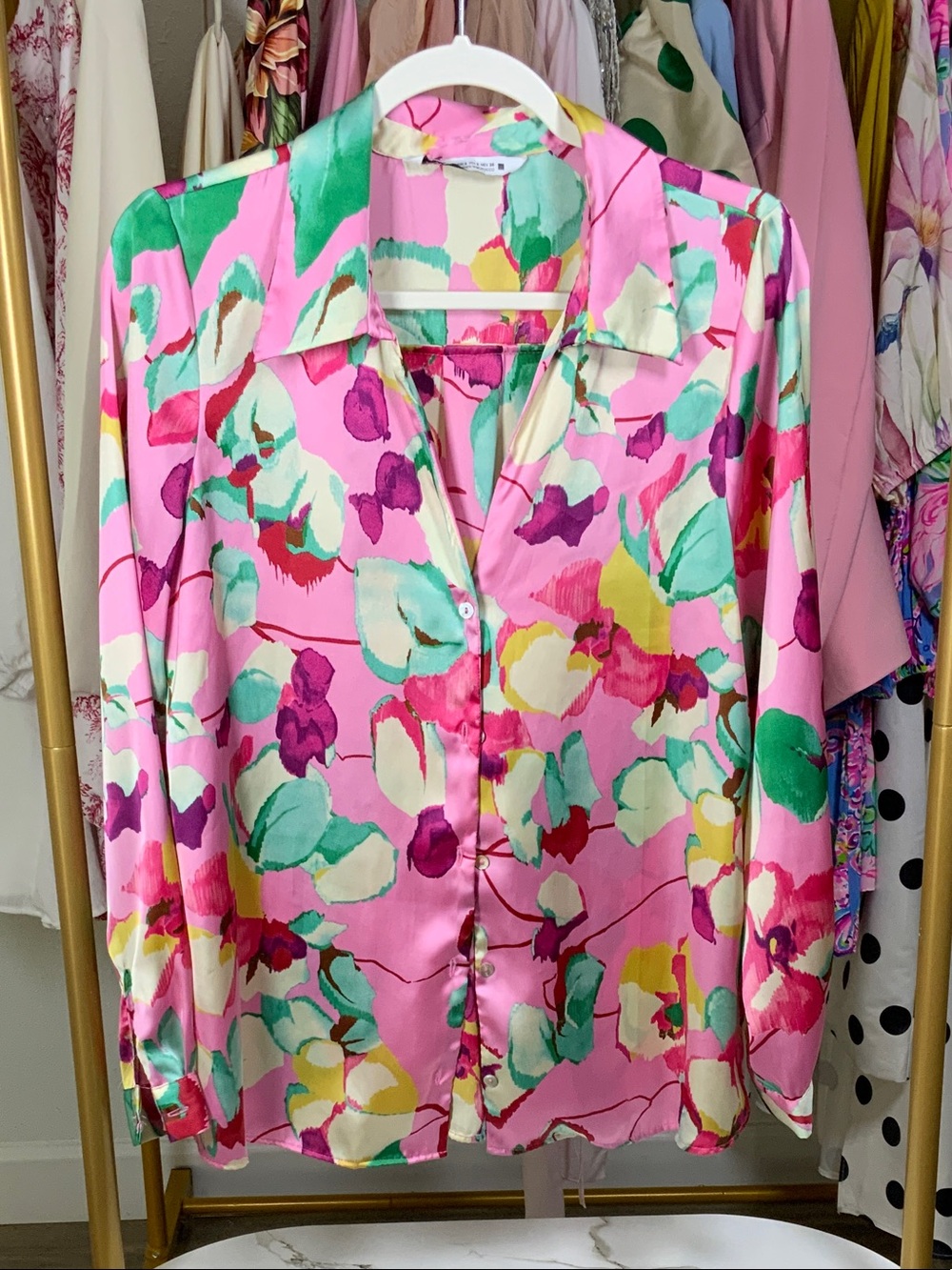 Zara Pink Floral Satin Button-Down Blouse